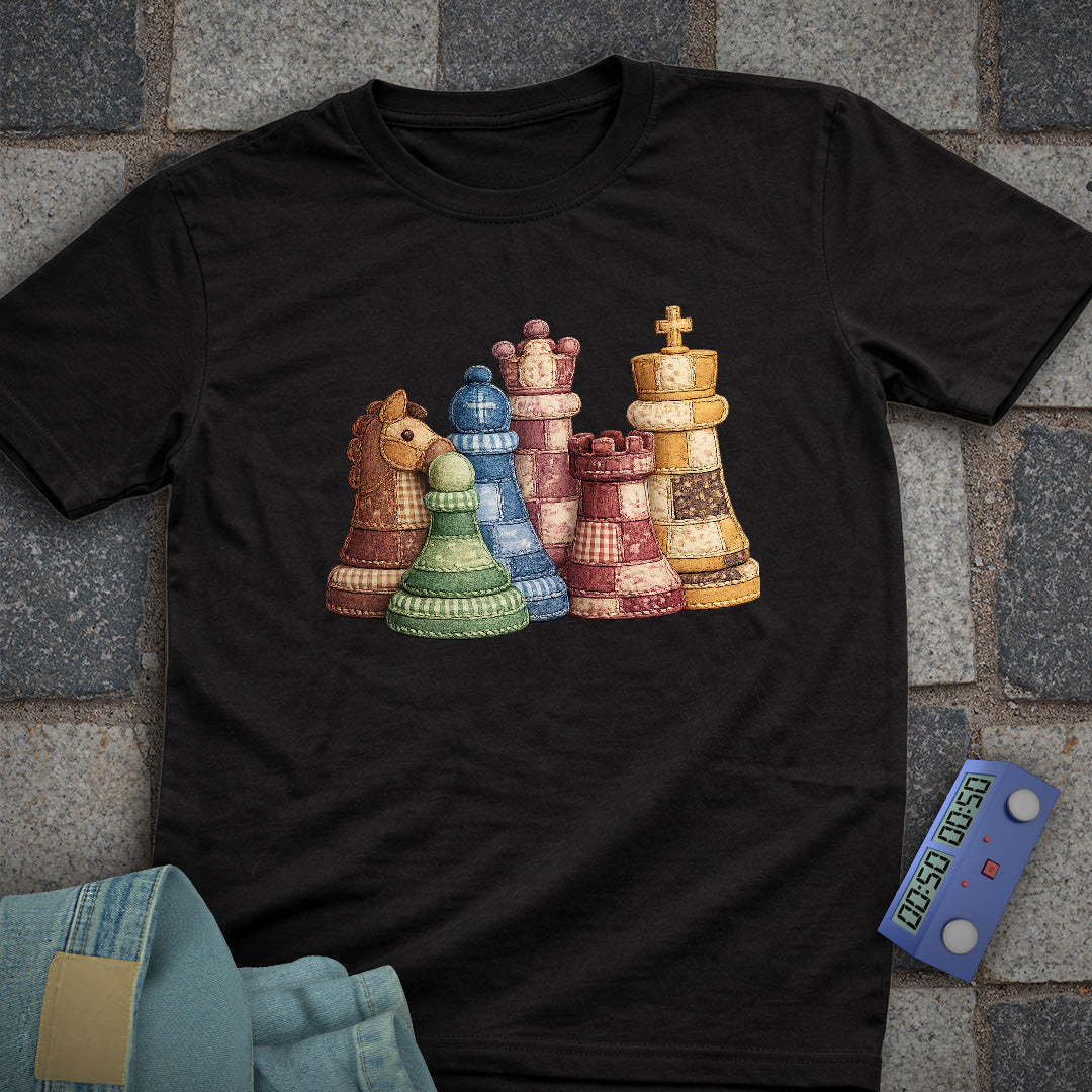 Patchwork Chess Pieces T-Shirt (Printed Patch Effect)
