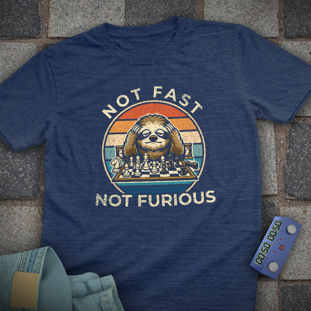 Blue t-shirt with a graphic of a sloth playing chess and 'Not Fast Not Furious' text on a stone surface.