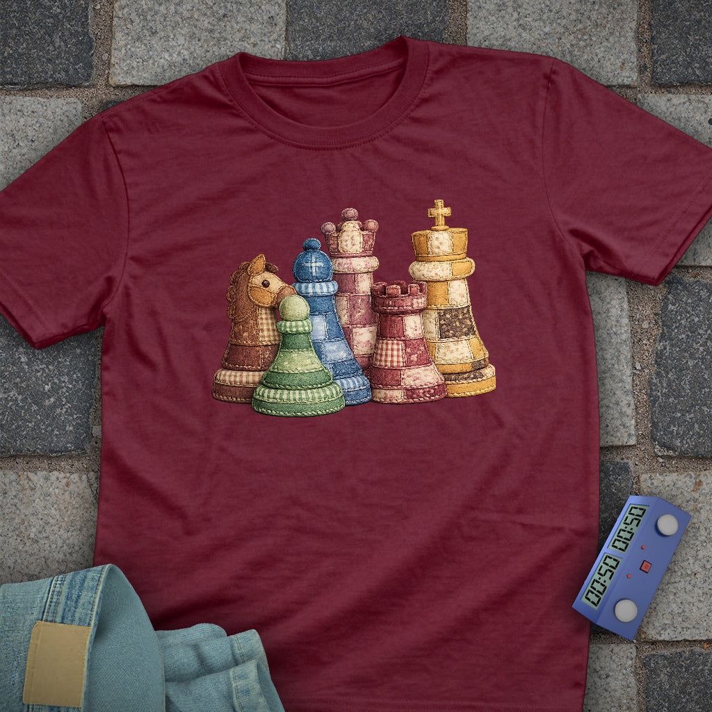 Patchwork Chess Pieces T-Shirt (Printed Patch Effect)
