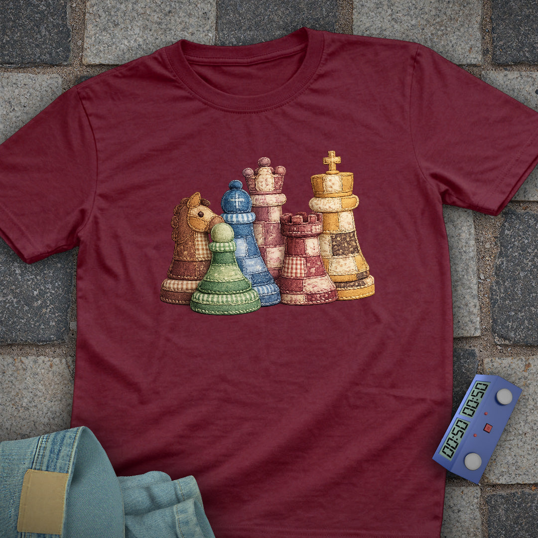 Patchwork Chess Pieces T-Shirt (Printed Patch Effect)