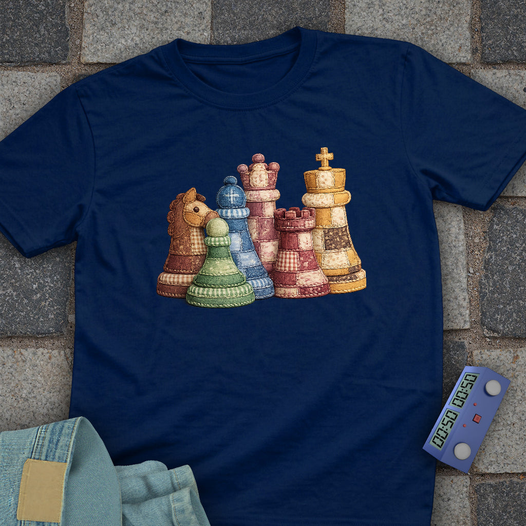 Patchwork Chess Pieces T-Shirt (Printed Patch Effect)