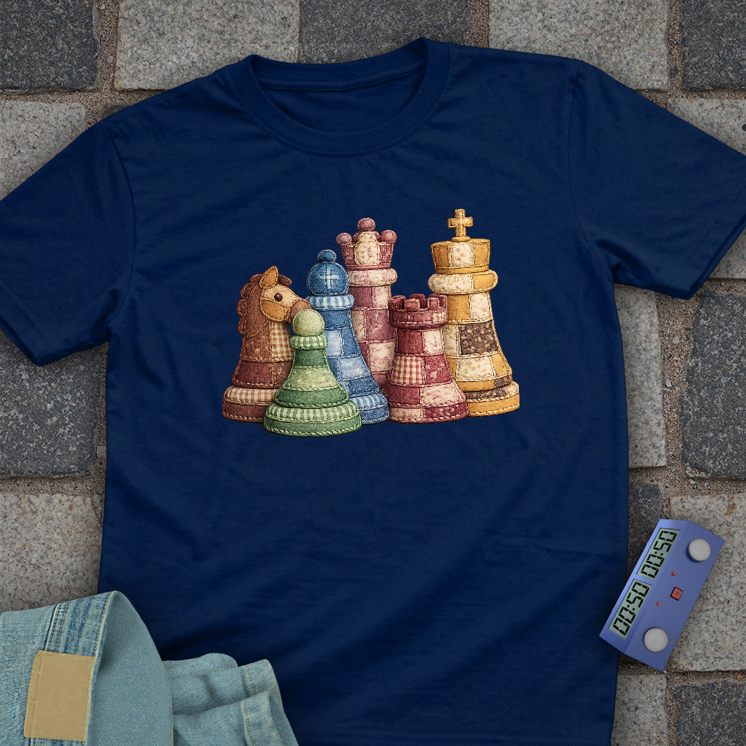 Patchwork Chess Pieces T-Shirt (Printed Patch Effect)