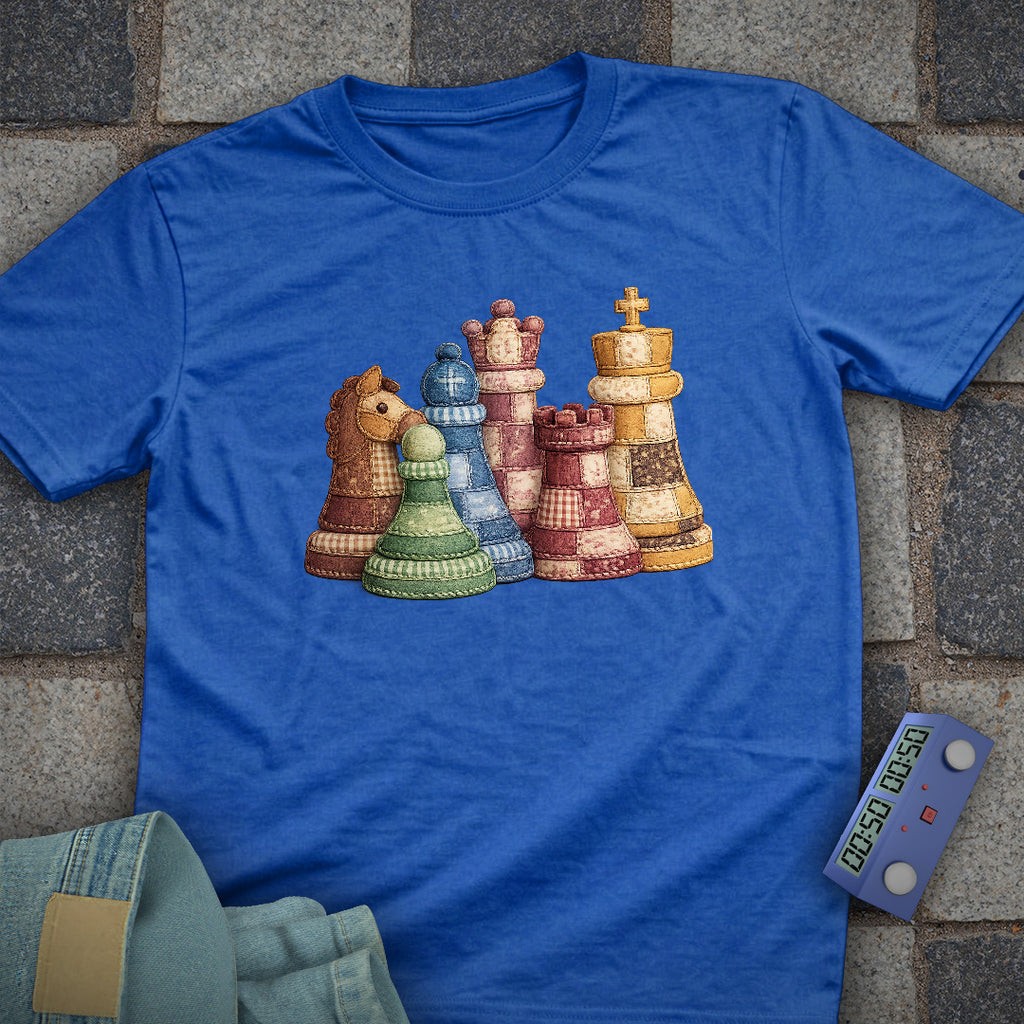 Patchwork Chess Pieces T-Shirt (Printed Patch Effect)