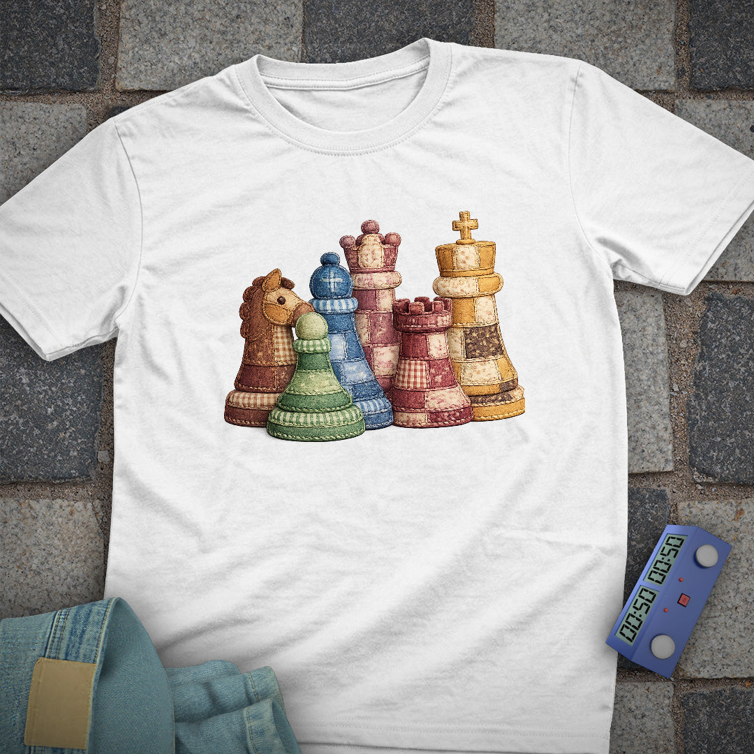 Patchwork Chess Pieces T-Shirt (Printed Patch Effect)